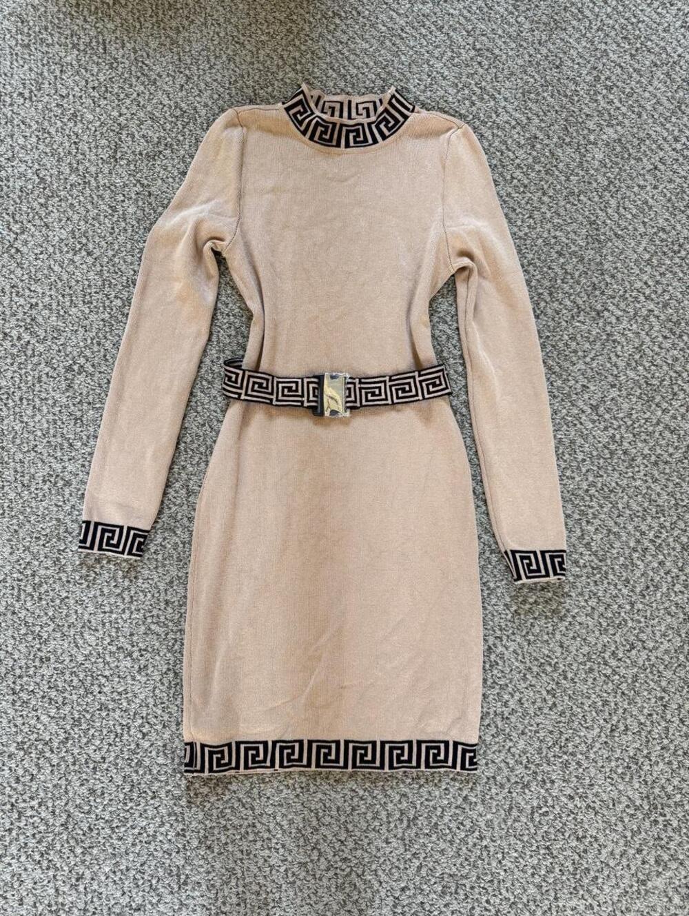 tan & black Greek key pattern dress with belt